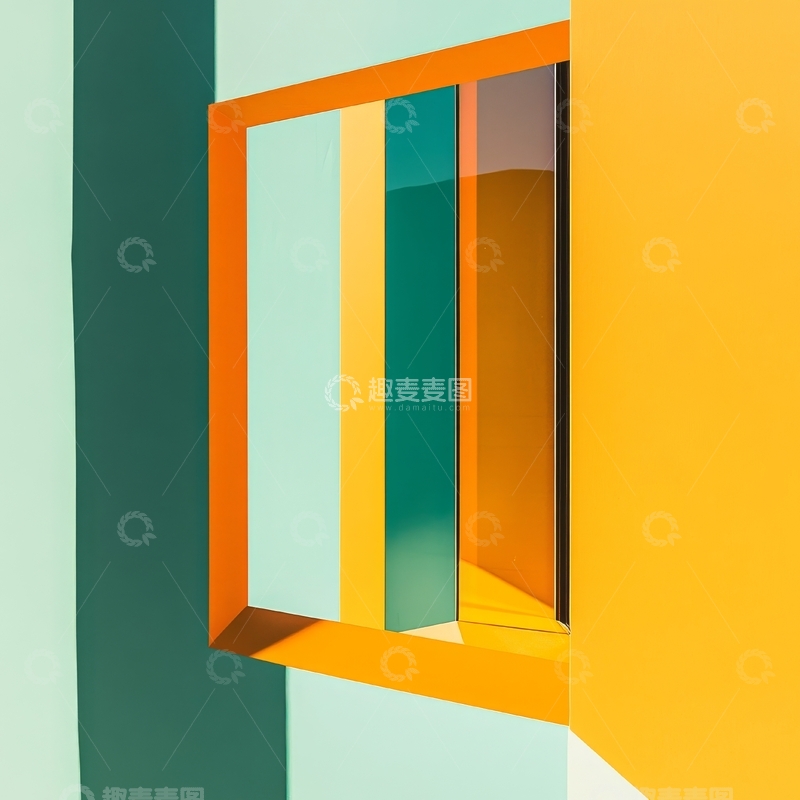 高清大图下载【趣麦麦图】橙色窗框与彩色玻璃的现代建筑细节