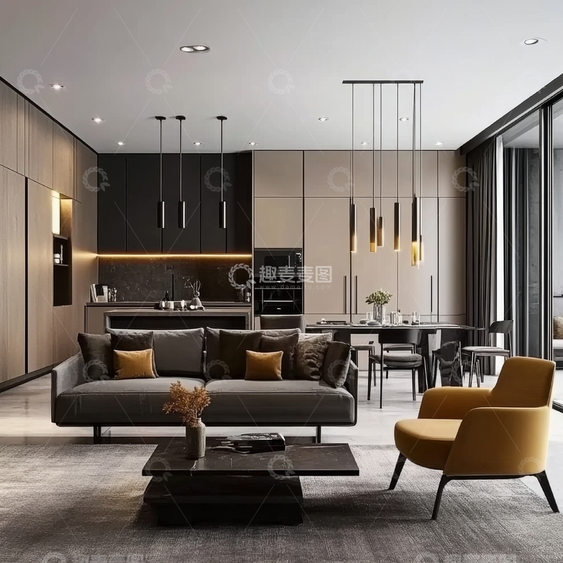 高清大图下载【趣麦麦图】现代简约客厅与开放式厨房设计