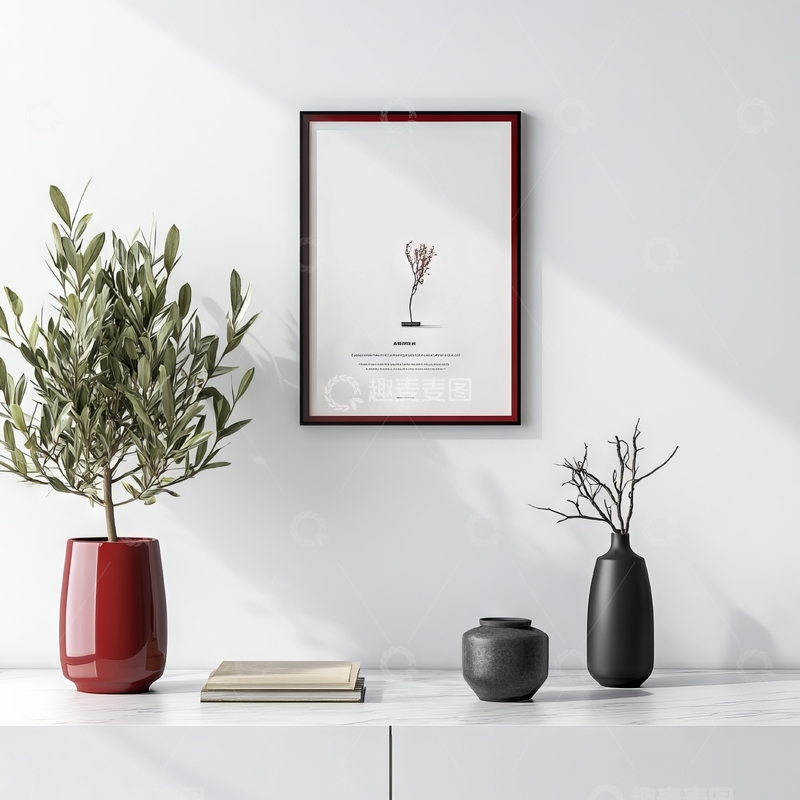 高清大图下载【趣麦麦图】-简约室内装饰，绿植与艺术画框
