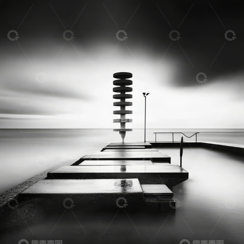 高清大图下载【趣麦麦图】海边阶梯与灯柱的静谧景象