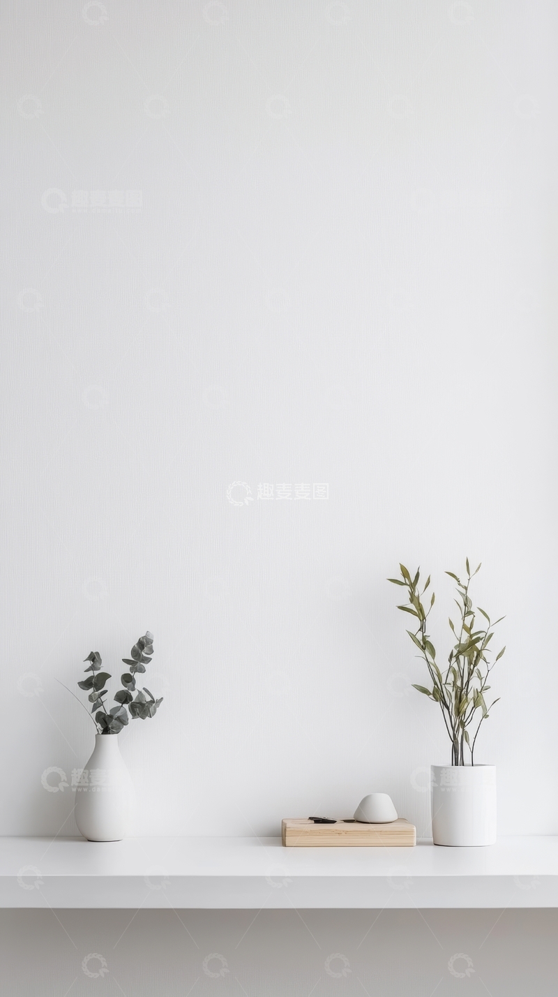 高清大图下载【趣麦麦图】简约白色书架上的植物与装饰品