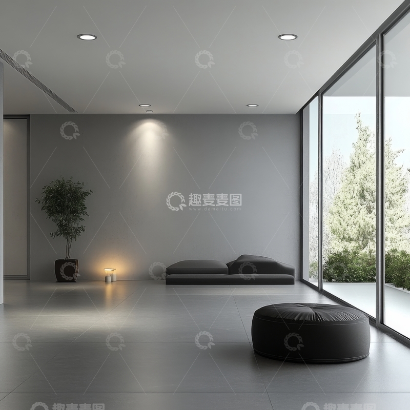 高清大图下载【趣麦麦图】现代简约室内设计，大面积落地窗与灰色调空间