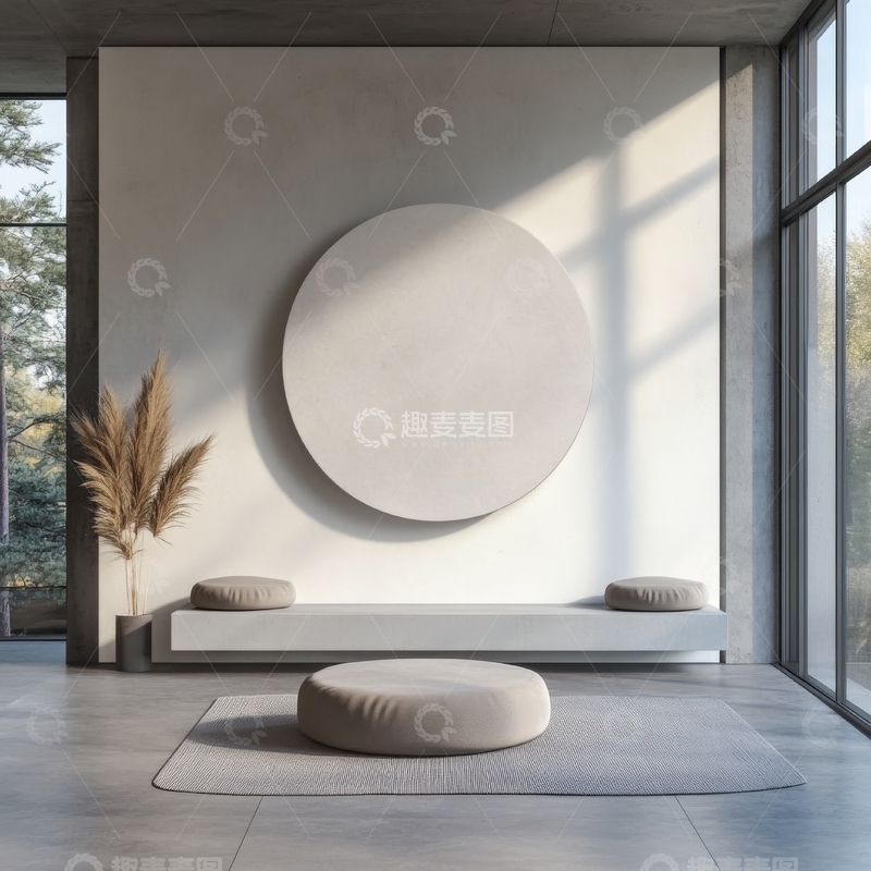 高清大图下载【趣麦麦图】现代简约室内设计，圆形装饰墙与坐垫
