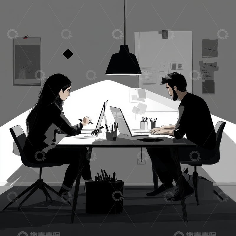 高清大图下载【趣麦麦图】办公室内两人专注工作