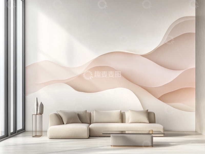 高清大图下载【趣麦麦图】现代客厅与抽象波浪背景墙