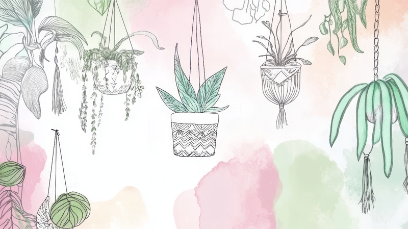 高清大图下载【趣麦麦图】悬挂植物插画，水彩背景