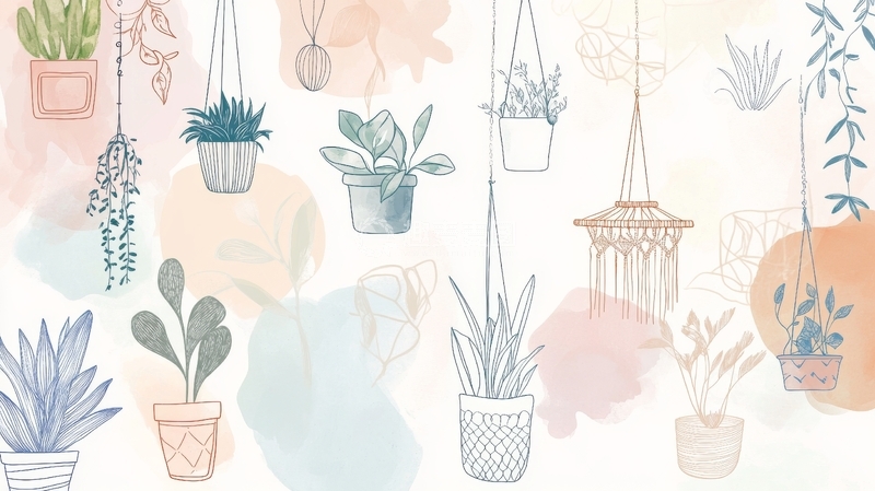 高清大图下载【趣麦麦图】室内植物插画，悬挂与盆栽设计