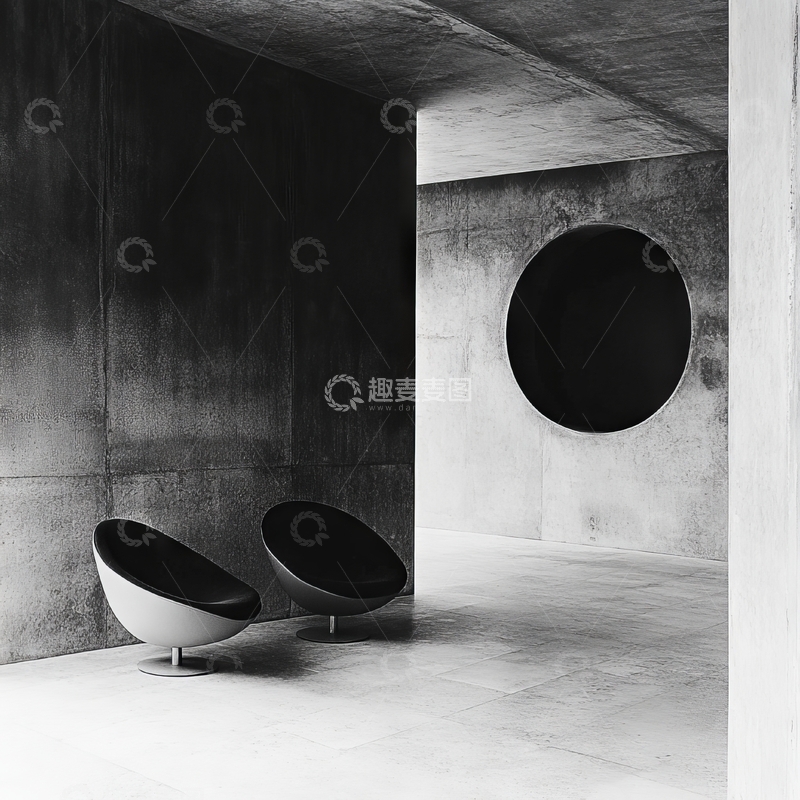 高清大图下载【趣麦麦图】现代简约室内设计，圆形窗与弧形椅
