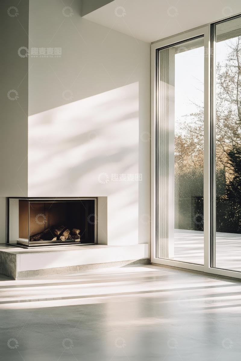 高清大图下载【趣麦麦图】现代室内设计：壁炉与落地窗