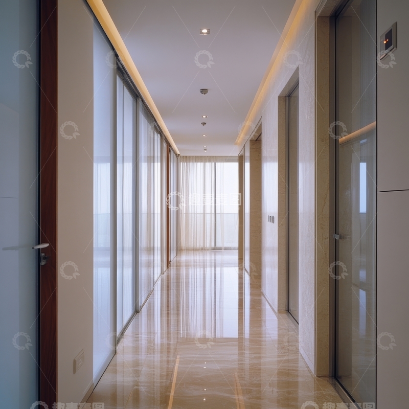 高清大图下载【趣麦麦图】现代走廊设计，玻璃隔断与木质地板