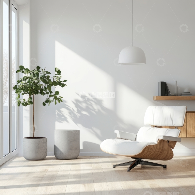 高清大图下载【趣麦麦图】简约室内设计，白色椅子与绿植