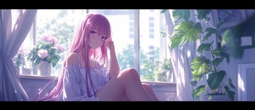 窗边粉发少女静思