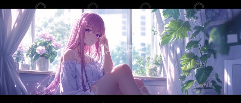 高清大图下载【趣麦麦图】窗边粉发少女静思