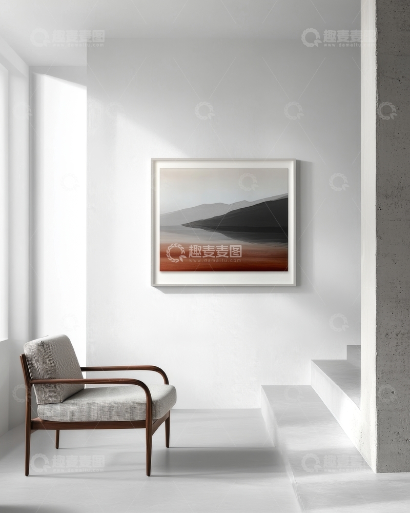 高清大图下载【趣麦麦图】现代简约室内，墙上挂有抽象风景画