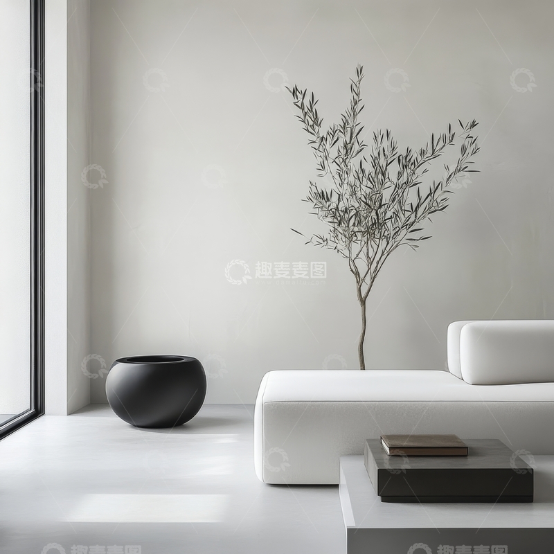 高清大图下载【趣麦麦图】简约客厅布置，白墙绿植点缀