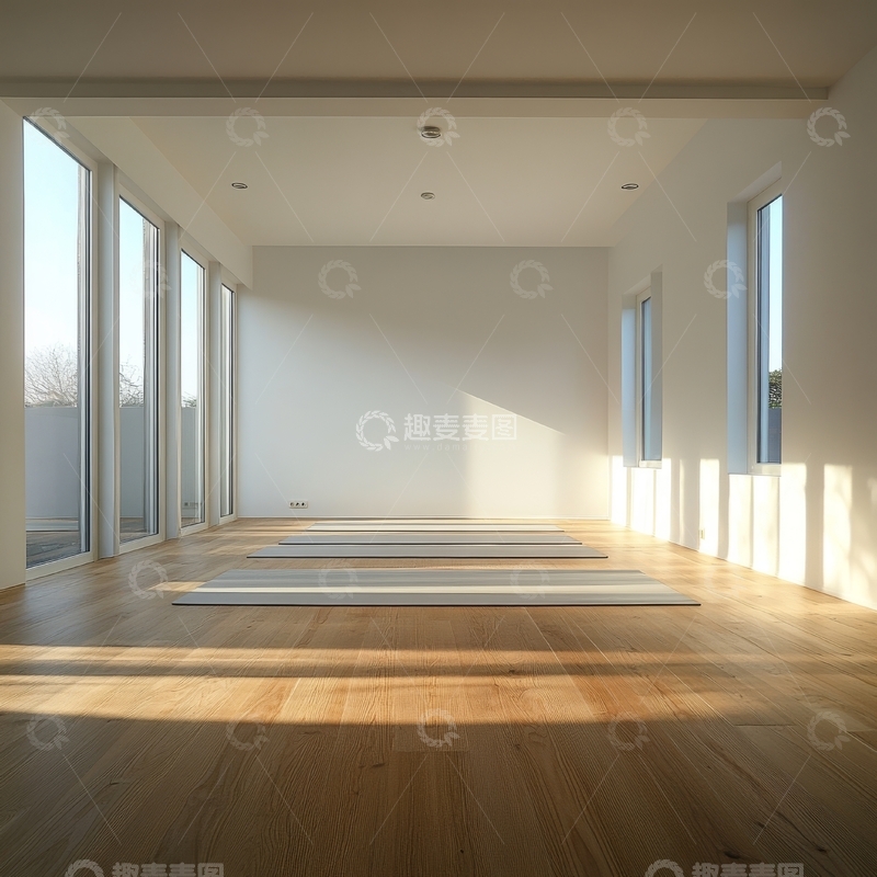 高清大图下载【趣麦麦图】明亮瑜伽室，木质地板与大窗设计