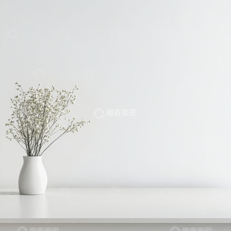 高清大图下载【趣麦麦图】白色花瓶中的细枝小花置于简洁桌面