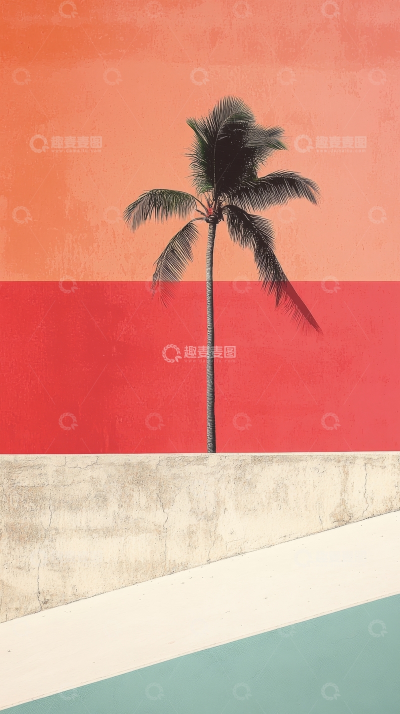 高清大图下载【趣麦麦图】红色背景下的孤独棕榈树