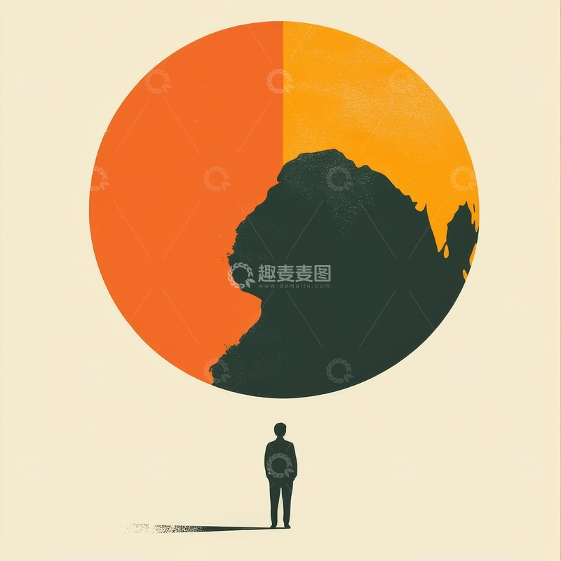 高清大图下载【趣麦麦图】人影与巨大山形剪影