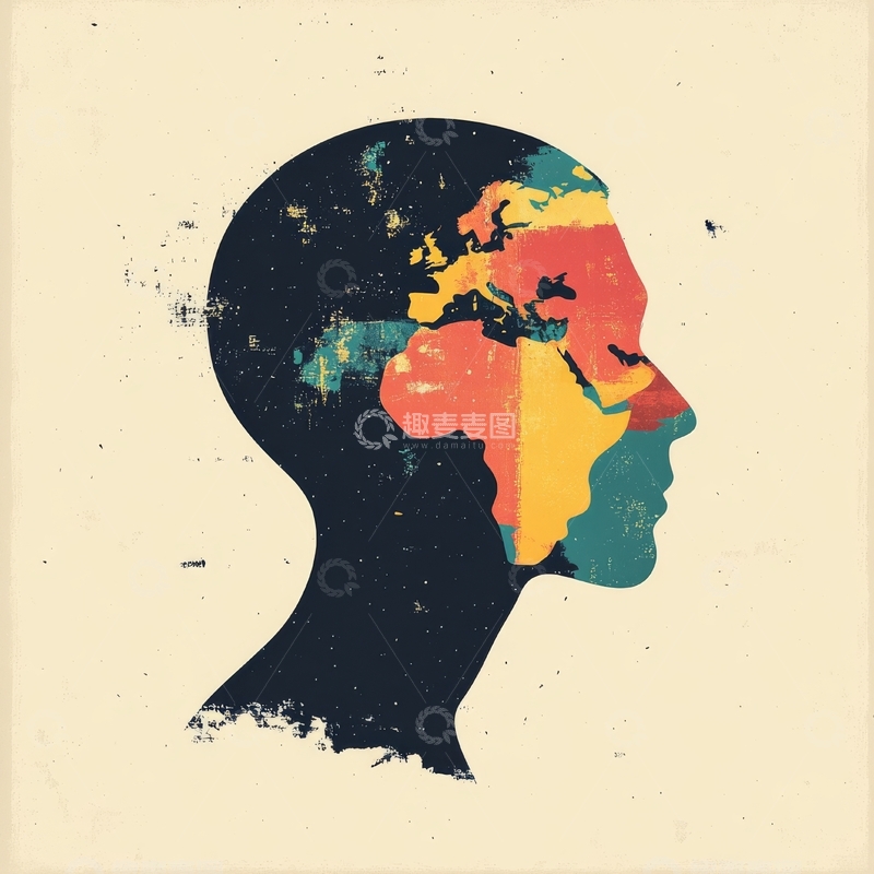 高清大图下载【趣麦麦图】多彩地图填充的人头剪影