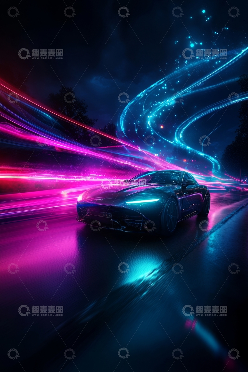 高清大图下载【趣麦麦图】霓虹光影中的疾驰跑车