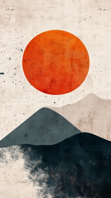 橙日山影，简约艺术风格