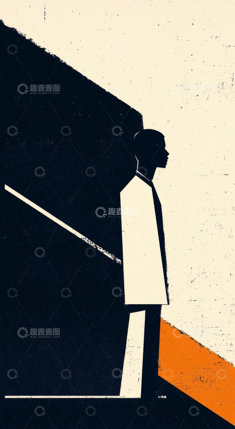 高清大图下载【趣麦麦图】剪影人物倚墙，橙色线条点缀