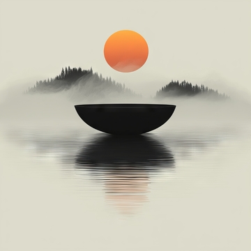 静谧湖面孤舟映日