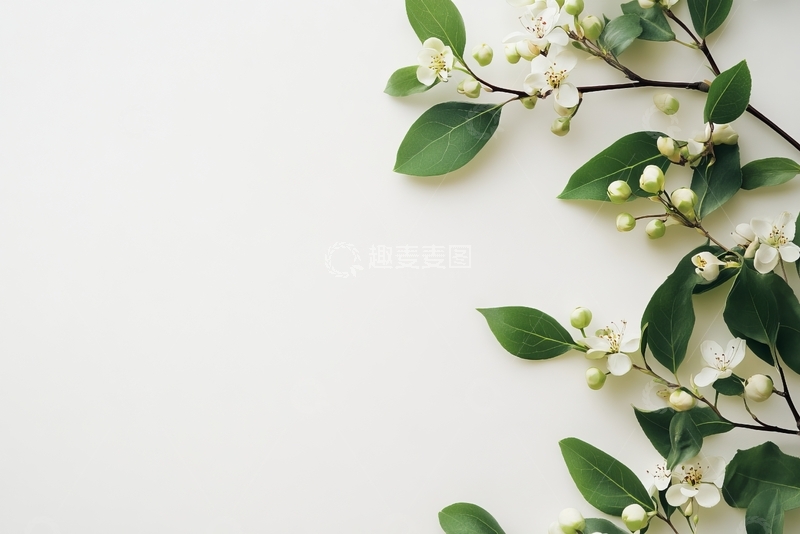 高清大图下载【趣麦麦图】白色背景上的绿叶与小白花