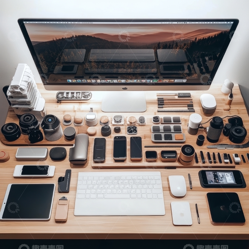 高清大图下载【趣麦麦图】整洁桌面布置，科技设备与文具陈列