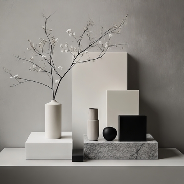简约静物组合，花枝与几何体的美学陈列