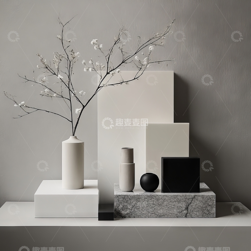 高清大图下载【趣麦麦图】简约静物组合，花枝与几何体的美学陈列