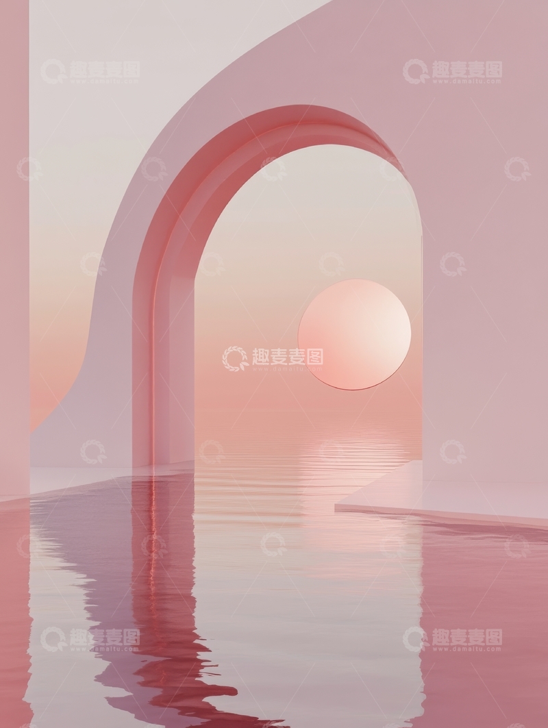 高清大图下载【趣麦麦图】粉色调拱门与水面倒影的日落景象