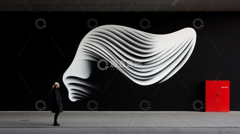 高清大图下载【趣麦麦图】黑白波浪雕塑与行人