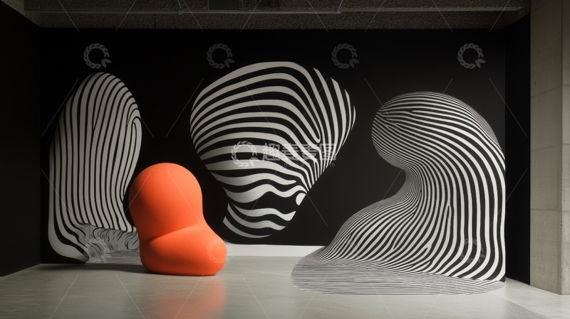 高清大图下载【趣麦麦图】黑白条纹雕塑与橙色球体的现代艺术展示