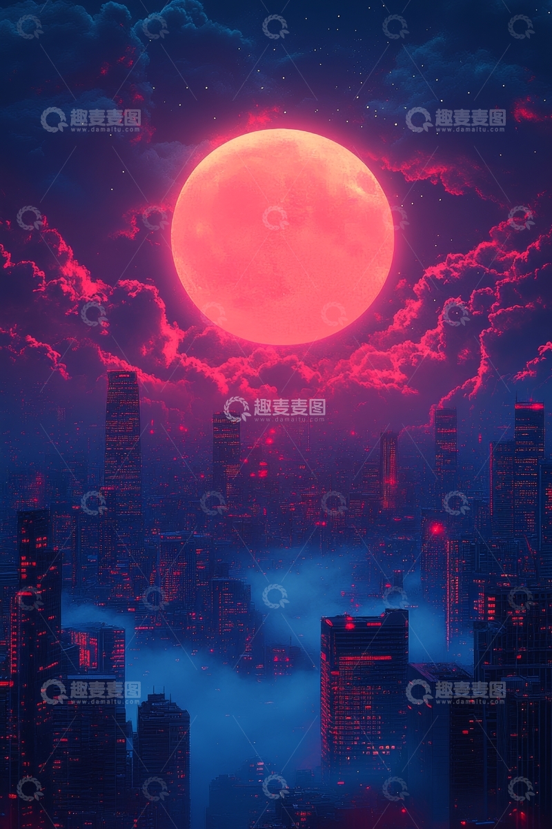 高清大图下载【趣麦麦图】霓虹都市夜景与巨大红月