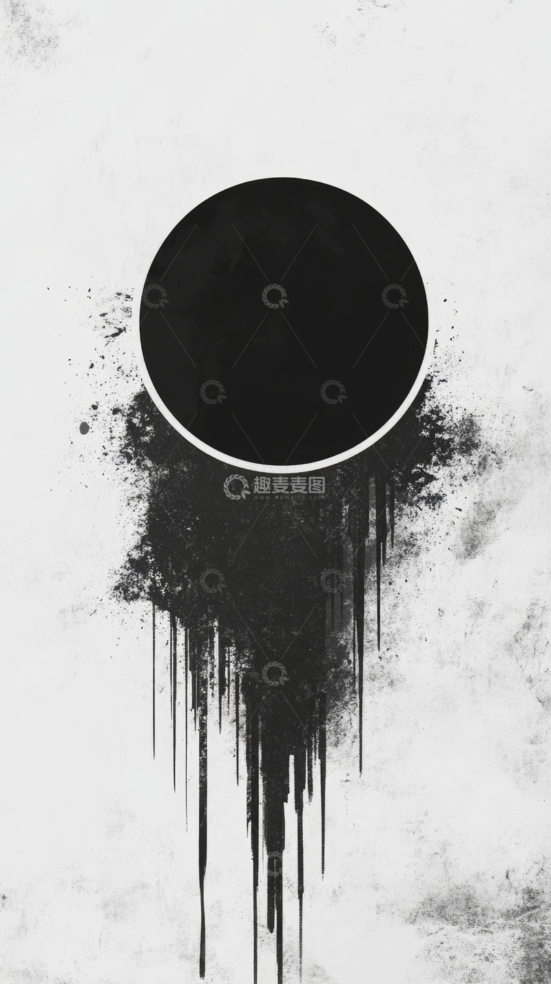 高清大图下载【趣麦麦图】黑色圆圈与墨迹滴落的抽象艺术