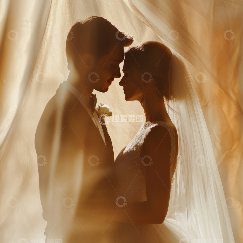 高清大图下载【趣麦麦图】新人相拥，柔光纱幔下的浪漫瞬间