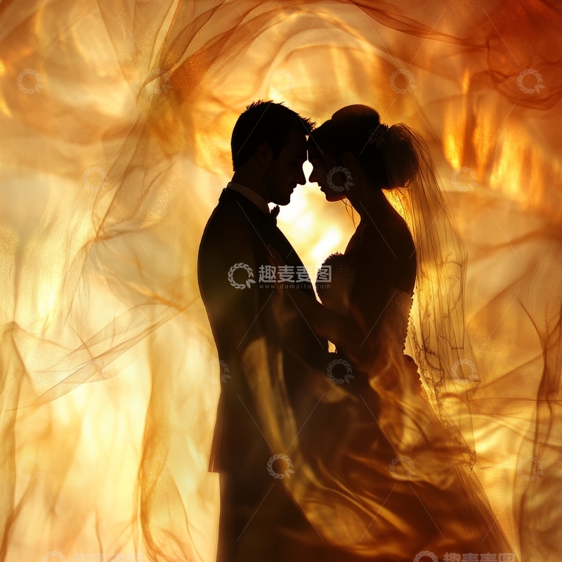 高清大图下载【趣麦麦图】新人剪影在金色纱幔中相拥