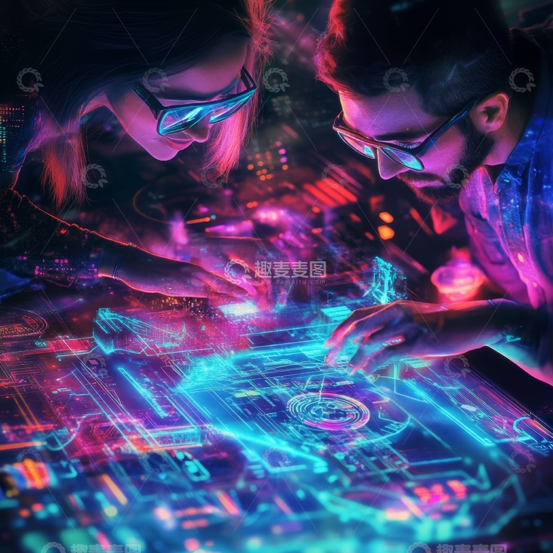 高清大图下载【趣麦麦图】未来科技互动，两人专注研究电路