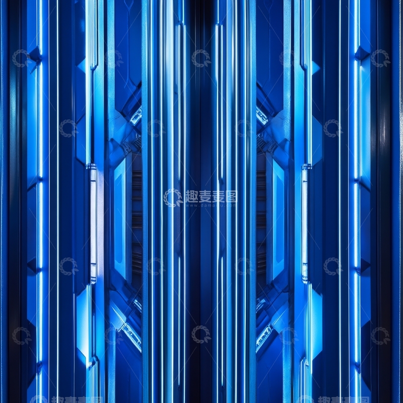 高清大图下载【趣麦麦图】蓝色霓虹灯竖条排列的现代建筑