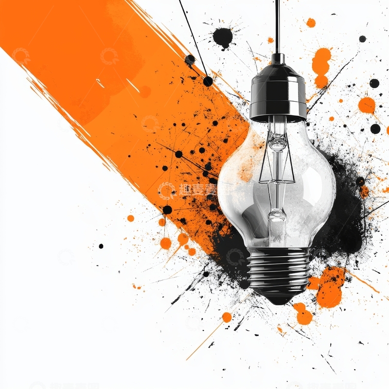 高清大图下载【趣麦麦图】创意灯泡与橙黑泼墨背景