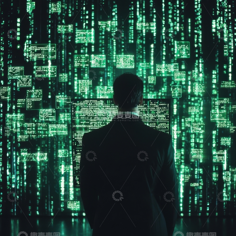 高清大图下载【趣麦麦图】男子背影面对绿色代码瀑布