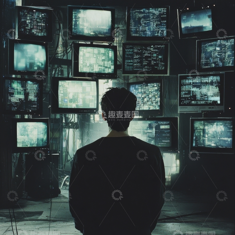 高清大图下载【趣麦麦图】背影面对多屏监控的男子