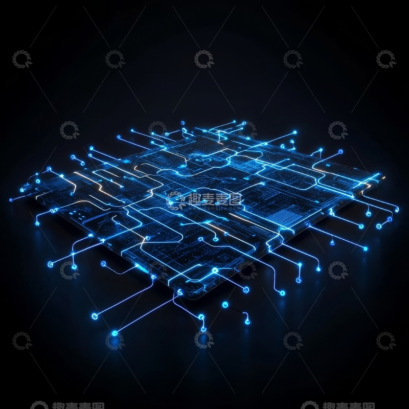 高清大图下载【趣麦麦图】蓝色发光电路板的科技艺术展示