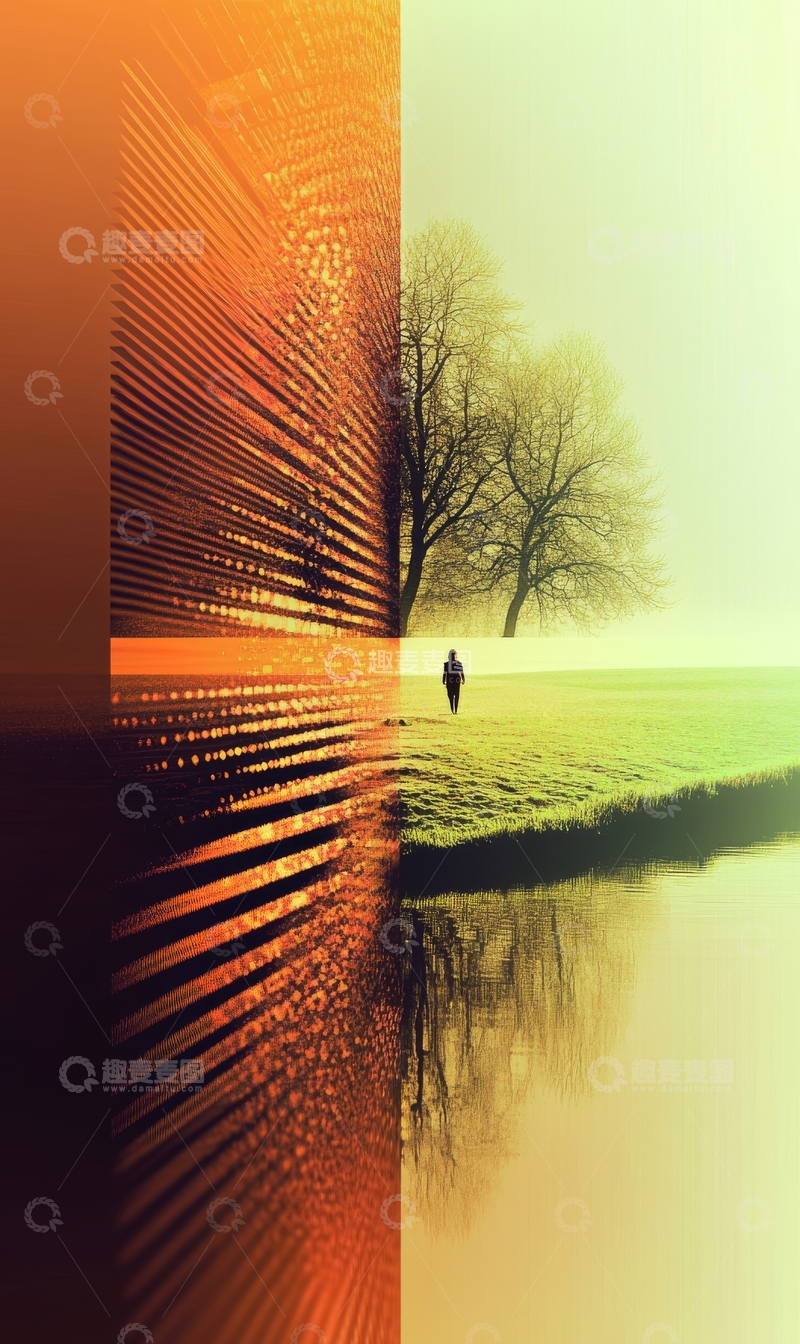 高清大图下载【趣麦麦图】冬日晨雾中的人影与抽象纹理