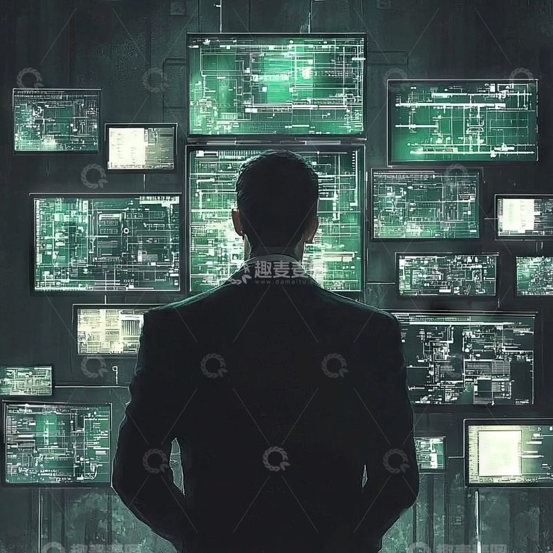 高清大图下载【趣麦麦图】男子背对多屏监控墙
