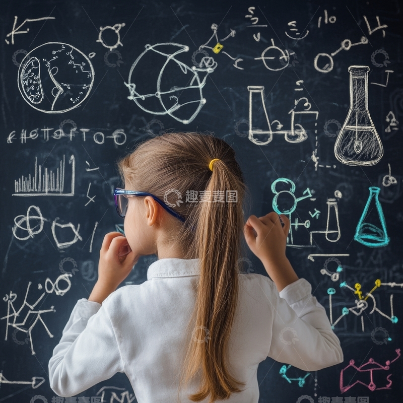 高清大图下载【趣麦麦图】小女孩在黑板前思考科学公式