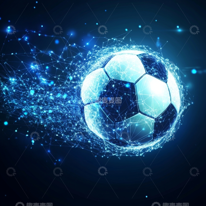 高清大图下载【趣麦麦图】科技足球：蓝色光网环绕的现代球体