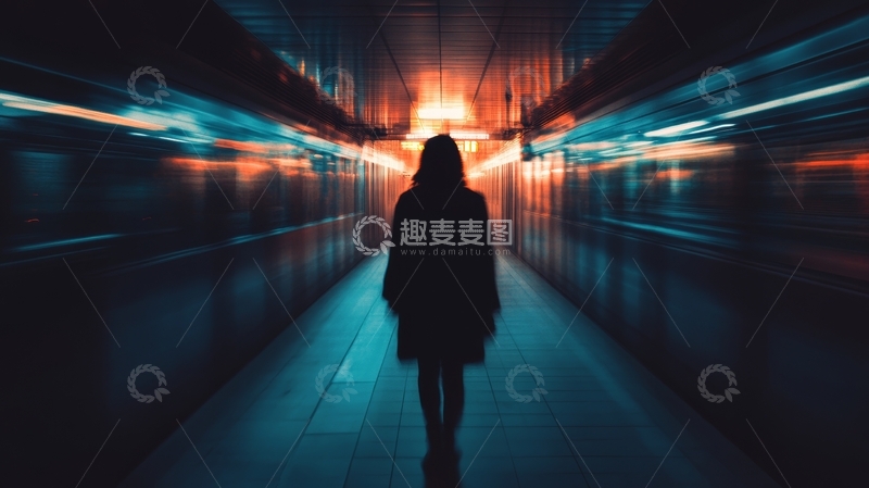 高清大图下载【趣麦麦图】夜行者在光影隧道中前行